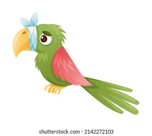 Sick parrot bird. Sad exotic parrot with bandage on its beak suffering from toothache cartoon vector illustration