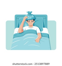 Sick patient in bed. A man suffering from fever and headache applies ice to his forehead. High body temperature. Flu symptom. Vector cartoon illustration isolated on white background.