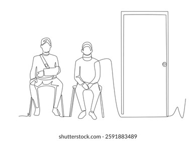 Sick patient in the clinic waiting room. Waiting in the clinic waiting room concept one-line drawing