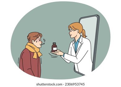 Sick patient have online appointment with doctor on cellphone. Caring nurse prescribe medication to ill man through mobile application. Distant healthcare and medicine. Vector illustration.