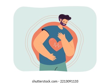 Sick patient with heart pain. Person with symptoms of cardiovascular disease and danger of heart attack flat vector illustration. Cardiology concept for banner, website design or landing web page