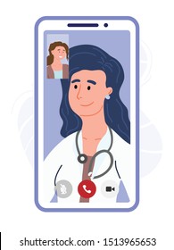 Sick Patient Talking By Video Call With A Doctor. Online Medicine In The Phone. VR Consultation. Online Diagnosis, Virtual Chat With Doctor.  Vector Cartoon