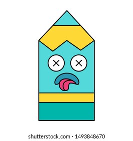 Sick pencil sticker cartoon illustration. Social media outline emoticon. Dead, depressed emoji