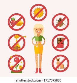 Sick people allergy to external irritants and food, vector illustration. Woman skin rash from food, pollen, insects and pet. Patient character hold allergy ointment, skin irritation.