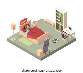 Personas enfermas en la cama. Caracteres gripales estornudando síntomas malos concepto de interior isométrico vectorial chillón