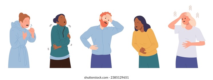 Sick people cartoon characters with flu or cold viral infection symptoms isolated set on white