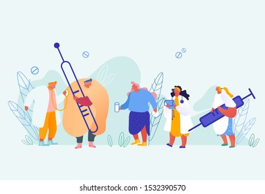 Sick People Characters Concept Set. Man with Flu, Cold, Influenza. Doctors and Nurses Curing Patient. Flat Cartoon Vector Illustration