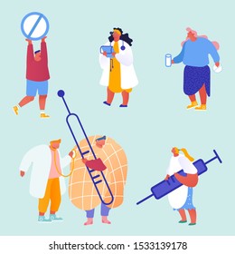 Sick People Characters Concept Set. Man with Flu, Cold, Influenza. Doctors and Nurces Curing Patient. Flat Cartoon Vector Illustration