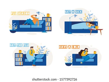 Sick People Characters on Sofa Flat Set. Man and Woman Have Cold, Suffering from Flu, Influenza, Infection and High Body Temperature. Home Interior. Illness and Sickness. Vector Illustration