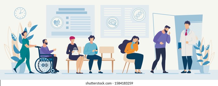 Sick People Characters Queue with Flu Symptoms, Coughing at Doctors Office in Hospital. Nurse Strolling Patient Sitting in Wheelchair. Ambulatory Hallway Interior. Vector Trendy Flat Illustration