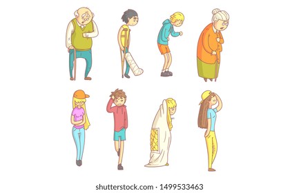 Sick People Characters Set, Guys, Girls and Elderly People Suffering From Different Symptoms Cartoon Vector Illustration