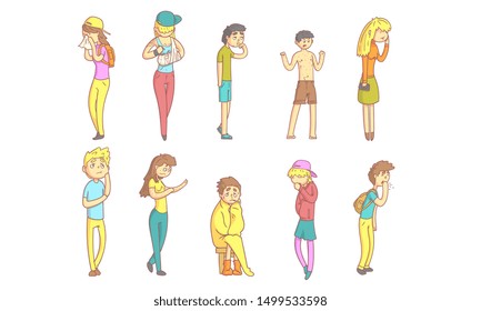 Sick People Characters Set, Guys and Girls Suffering From Different Symptoms Cartoon Vector Illustration