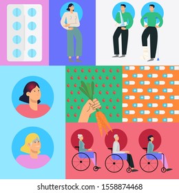 Sick people characters set. Man and women with different diseases. Flat style vector illustration set  Wheelchair .  Pills background, Hand with carrot.