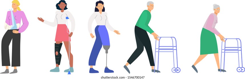 Sick people characters set. Men and women with different diseases. Flat style vector illustration isolated on white background.