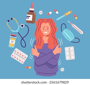 Sick people cold and flu ill fever medical treatment concept. Vector graphic design illustration