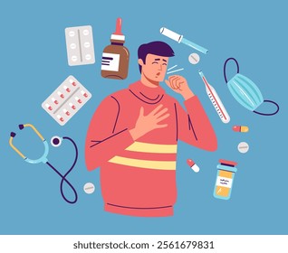 Sick people cold and flu ill fever medical treatment concept. Vector graphic design illustration