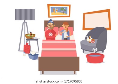 Pareja de personas enfermas en la cama, ilustración vectorial. El marido y la mujer tienen fiebre. En la mesita de noche hay medicinas, jeringa, calefacción y sopa caliente, banner de tratamiento en casa.