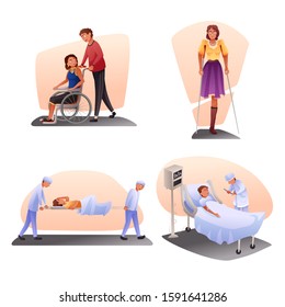 Sick people and doctors cartoon hospital flat set. Medical workers staff and patients people characters. Emergency help, stationary treatment, nursing. Different situations vector illustration