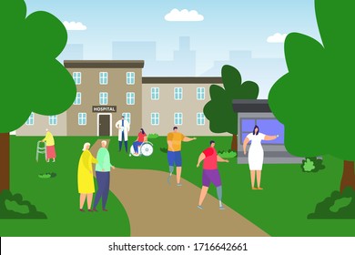 Sick people at hospital yard, vector illustration. Patients and doctors character outside clinic, rehabilitation center building. Medical staff with disabled and eldery couple, girl on wheelchair.