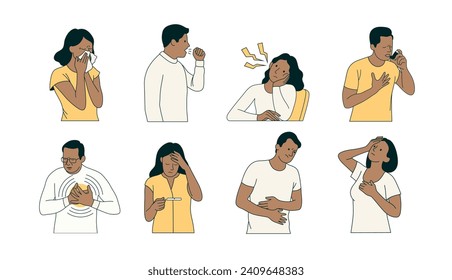 Sick people isolated on white background. Woman with a runny nose, allergies, infertility, ear pain, headache. Man coughing, have an asthma, heart pain, stomach ache. Flat style health care vector set