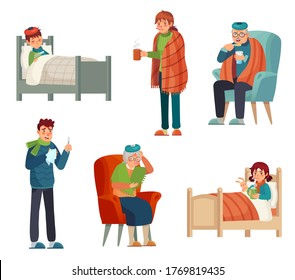 Sick people. Kids, adult and old persons with flu and cold. Coronavirus covid-19 and quarantine self-isolation cartoon vector characters. Inflection young, infected and influenza illustration