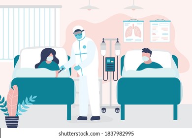 Sick People Lies In Bed At Hospital. Room In Clinic. Medical Staff In Protective Uniform And Infected Patients. Health Care And Aid. Viral Infection, Coronavirus Pandemic. Trendy Vector Illustration