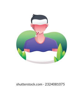 Sick People Lying in Bed Illustration, with Hot Fever Temperature. Cute Vector Colorful Design Element