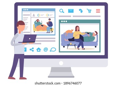 Sick people on computer screen. Guy works at computer. Characters giving tea and fruit to patients. Person measures temperature with thermometer. Male character offers fresh fruit to sick girlfriend