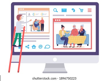 Sick people on self-isolation on computer screen. Man on stepladder looks at monitor with picture of treatment process. Woman giving napkin to elderly relatives. Guy gives pills to girl with headache