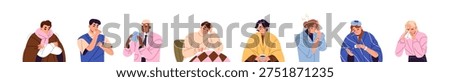 Sick people set. Ill men and women with flu symptoms: sneeze, cough, high temperature, cold and fever. Characters with influenza feel unwell, unhealthy. Flat isolated vector illustration on white