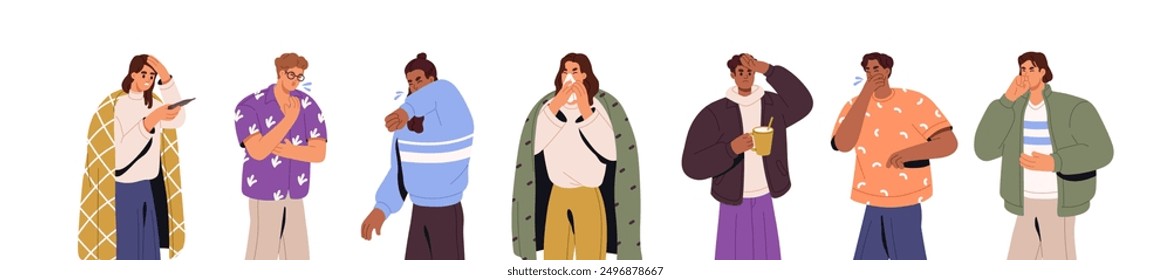 Sick people set. Unwell men, women with fever, cold. Unhealthy characters ill with symptoms of influenza, virus, flu, grippe. Sneeze, cough, running nose. Flat isolated vector illustrations on white