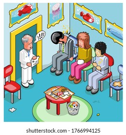 Sick people sitting in waiting room, doctor presenting a prescription (isometric vector)
