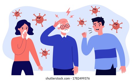 Sick people spreading coronavirus infection. Virus, coughing, disease flat vector illustration. Pandemic and healthcare concept for banner, website design or landing web page