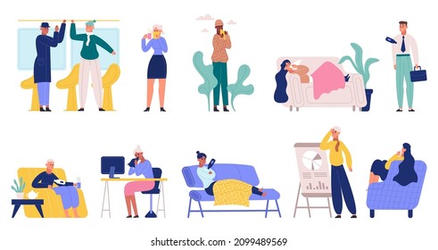 Sick people suffering from flu, cold in office or at home. Adult sick people with fever, headache and sneezing vector illustration set. Humans with flu or virus symptoms. Man and woman feeling bad