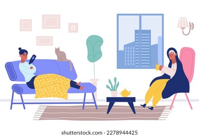 Sick people suffering from flu, cold at home. Woman lying on sofa and taking temperature with thermometer. Man sitting in armchair under blanket and drinking hot tea. Medical treatment vector