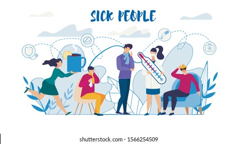 Sick People Suffering from Flu Need Help Flat Poster. Man and Woman Characters Feeling Unwell, Having Cold, High Temperature. Cough, Running Nose, Headache Symptoms. Vector Cartoon Illustration