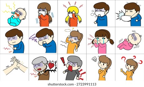 Conjunto de Vector de Personas enfermas: hombre, mujer, niño, anciano con síntomas