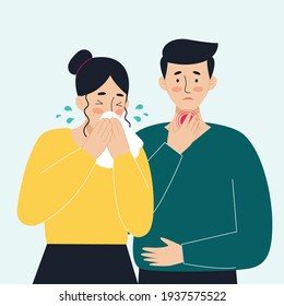 Sick people. Virus, headache, fever, cough, runny nose. The concept of viral diseases, coronavirus, epidemics, covid-19, colds. Illustration in flat style