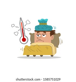 Sick Person In Bed With An Ice Pack On His Head And A Thermometer. Flu Sickness. Sick Person Having Cold. Ill Man Headache. Flu Illness Person. Cartoon Vector Flat Illustration.