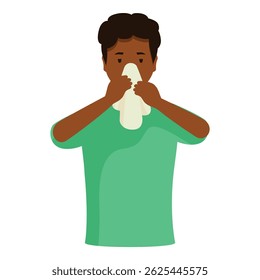 Sick person blowing his nose with tissue, suffering from cold or allergic rhinitis symptoms