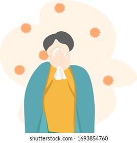 sick person coughs into a handkerchief. man infected with coronavirus or flu. Human medical concept with main symptoms. Illustration in flat style. 