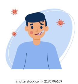 Sick Person with fever with high temperature. Man with thermometer in your mouth. Symptoms of COVID-19 coronavirus, monkey pox, flu. Disease, illness. Man unwell. Healthcare. Vector illustration