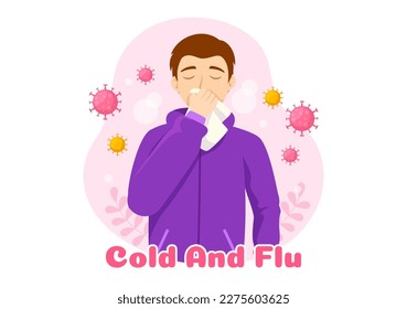 Sick Person Flu and Cold Sickness Illustration with People Wearing Thick Clothes in Flat Cartoon Hand Drawn for Health Care Landing Page Template