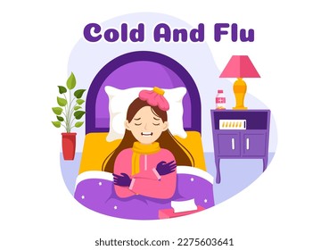 Sick Person Flu and Cold Sickness Illustration with People Wearing Thick Clothes in Flat Cartoon Hand Drawn for Health Care Landing Page Template