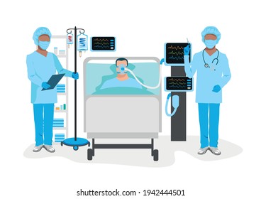 A sick person lies in intensive care and is connected to the artificial respiration system, nurses and doctors are standing next to him. Medical technology and life saving vector illustration isolated