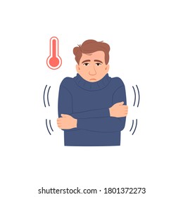 Sick Person Portrait Isolated Flat Icon. Man In Fever With High Temperature, Thermometer Sign. Flu Virus Cold Coronavirus Symptom. Character In Sweat. Cartoon Medical Infographic Vector Illustration.