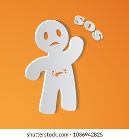 Sick Person Suffering From Pancreas Ache With Placard Inscripted SOS, Asking Doctor Or Patient For Medical Help, Care Or Treatment. Vector Illustration. Cancer, Infection, Pain. Medical concept.