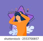 Sick person suffering from vertigo, feeling confused, dizzy and head ache. Flat vector illustration for stress, sickness symptoms, migraine, hangover concept
