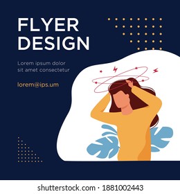 Sick person suffering from vertigo, feeling confused, dizzy and head ache. Flat vector illustration for stress, sickness symptoms, migraine, hangover concept