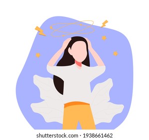 Sick person suffering from vertigo, feeling confused, dizzy and head ache. Flat vector illustration for stress, sickness symptoms, migraine, hangover concept